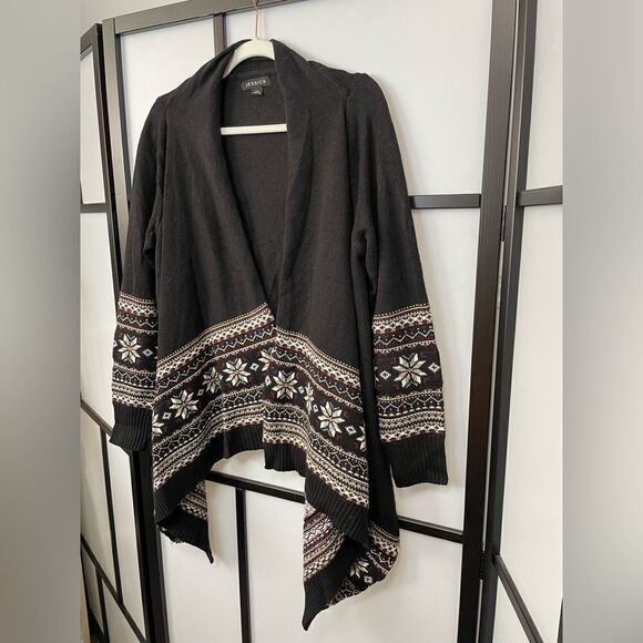 [L] Jessica Black Holiday Cardigan with Creme & Red Fair Isle Snowflake Print - Picture 3 of 10